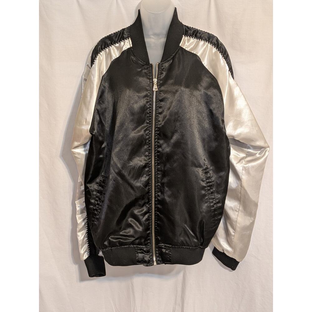 WT02 Men's Black and White Satin Streetwear Sports Bomber Jacket Sz XL